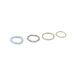 Set of 4 minimalist rings with colorful beads and gold-tone bands on white background