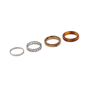 4pcs set of minimalist metal and resin rings with chain design and marble patterns