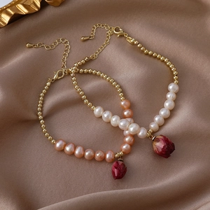 Vintage Handmade Freshwater Pearl Necklace Bracelet With Real Dry Rose Bud Pendant For Women Elegant Mori Style Jewelry