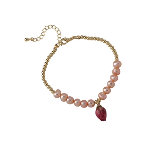 Pink baroque pearl bracelet with golden beads and a rosebud pendant for women