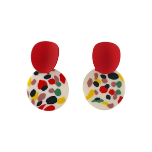 Handmade geometric clay earrings featuring red oval studs and colorful terrazzo circles