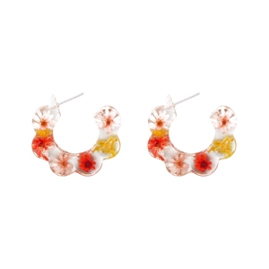 Korean style C-shape resin hoop earrings with colorful real dried flower specimens