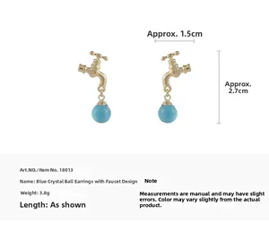 Detailed size specifications for creative golden faucet earrings with blue crystal balls
