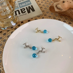 Creative faucet stud earrings with blue crystal drop beads in gold and silver finish