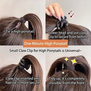 Matte black claw clip and hair tie set for high ponytail styling on grey background
