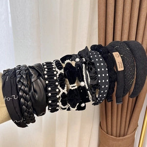 French Elegant Black Headband For Women Padded Wide Hair Band Sweet Artificial Pearl Bow Knot Twist Knitted Fabric Scrunchie Hair Accessories