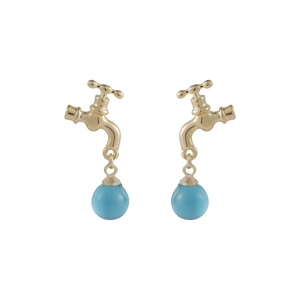 Unique gold faucet earrings with light blue crystal ball beads in a creative aesthetic
