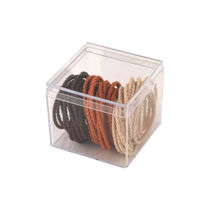 50-piece set of brown and beige elastic hair ties in a clear square storage container