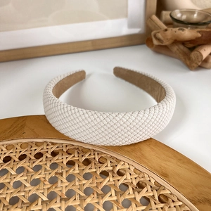 Vintage cream knit hairband with thick padding and textured stripe pattern for women