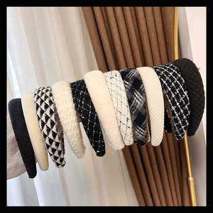 French Vintage Tweed Padded Headband For Women Elegant Black White Plaid Houndstooth High Top Hair Hoop Fashion Hair Accessories