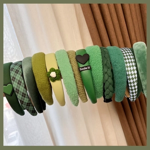 Vintage Green Fabric Velvet Padded Headband For Women Korean Style Knit Plaid Heart Floral Sweet High Top Hair Band Accessory