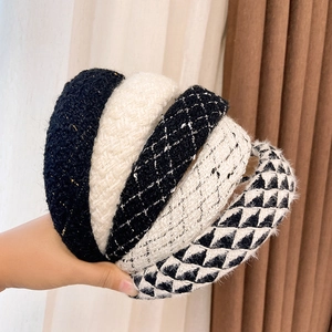 Set of five wide plaid tweed headbands in black and white French style fashion patterns