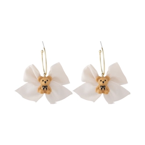 Cute brown resin bear earrings with large white silk bows and golden ring hooks