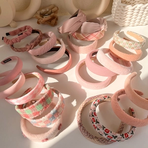 Pink plush sponge padded headband collection for women featuring soft velvet and tweed fabrics