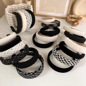 French style tweed headband set in black and white check pattern for women's hair accessory