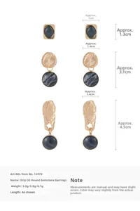 Detailed size and weight chart for Klein blue enamel round drop earrings with golden frame