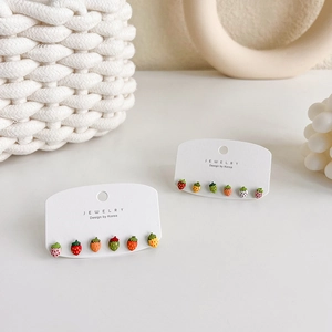 Cute 925 silver needle strawberry earring set with colorful mini fruit stud designs