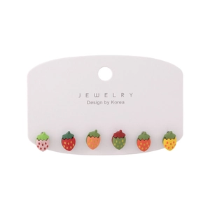 Set of 6 cute strawberry stud earrings in vibrant resin colors on white display card