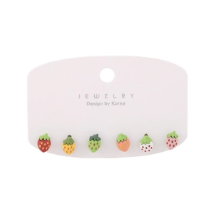 Detailed set of six colorful resin strawberry stud earrings on a white jewelry card
