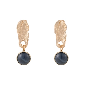 Minimalist Klein blue round gemstone earrings with gold textured lava metal design