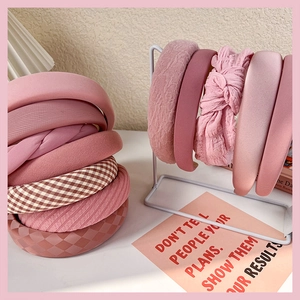Sweet Pink Fabric Padded Headbands For Women Korean Style Thickened Wide Hair Bands Bow Lattice Girls Headwear Accessories