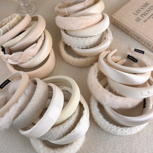 Retro cream beige wide headbands in various textures like plush, satin and knit fabrics