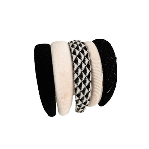 5-piece French style black and white plaid headband set with tweed and velvet textures