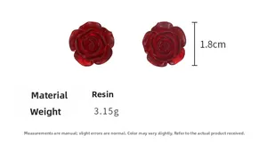 Detail view of red resin rose earrings with 1.8cm diameter and specifications