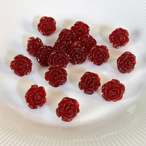 French retro red resin rose flower stud earrings with elegant pearly luster for women