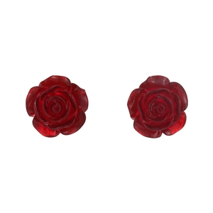 French vintage resin rose stud earrings in deep red with 3D petal carvings for women