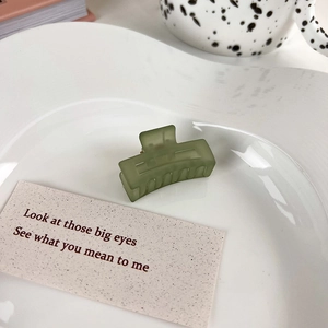 Detail of avocado green rectangular matte hair claw clip on a decorative white ceramic plate