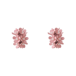 Detail view of C-shaped pink floral earrings with frosted texture and centered pearls
