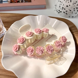 Pink camellia flower shark hair clips set with romantic resin rose floral decorations