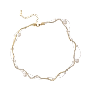 Elegant multi-layer necklace with white pearls and sparkling crystals on gold chain