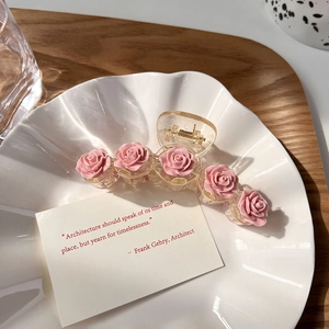 Detail of pink resin camellia flowers on a clear acrylic hair claw clip with gold spring