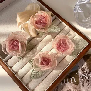 3D Roos Bloem Haarspeld Broche Dubbel Gebruik Organza Kant Scrunchie Haarelastiek Voor Vrouwen Meisjes Zoet Fairy Stijl