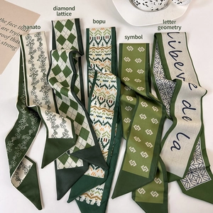 Women's French Vintage Green Polyester Satin Ribbon Small Scarf Twilly For Hair Bag Neck Plaid Geometric Printed Headband