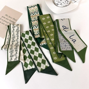 Elegant green silk skinny scarf set with floral and checkered patterns for hair or bags