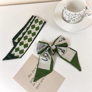 Elegant green checkerboard and letter print silk scarf with a bow for hair or bags