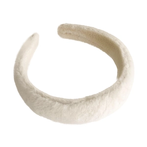 Beige cream plush wide headband with thick faux fur texture for high cranial top look