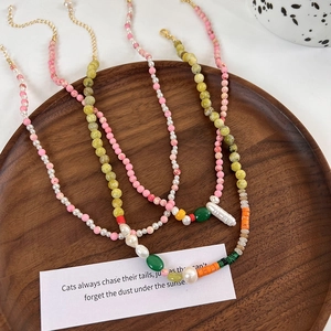 Handmade multilayer freshwater pearl beaded necklace with colorful natural stones