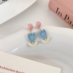 Orecchini a Goccia a Forma di Tulipano in Stile Coreano Macaron Rosa Blu Floreali Eleganti Gioielli in Lega Verniciata per Donna
