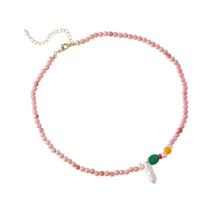 Handmade freshwater pearl necklace with pink natural stones and baroque charm details