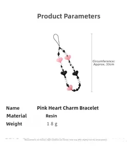 Detail specifications of heart pink beaded strap with resin beads, 18g weight and 33cm length