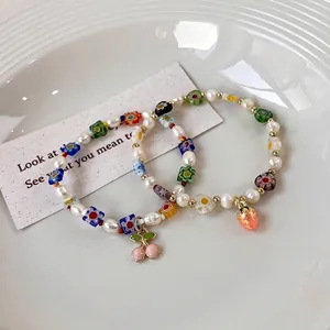 Bracelet Perlé en Perles d'Eau Douce Doux Bohémien pour Femmes Pendentif Fruit Fraise Cerise Fleur en Verre Bijoux de Vacances