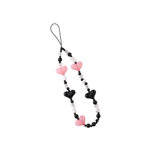 Short pink and black heart beaded phone strap accessory with pearls for women