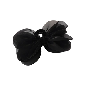 Large black organza bow hair claw clip for women featuring layered mesh fabric