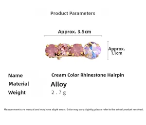 Detailed size parameters of cream-colored alloy hair clip with pink rhinestones