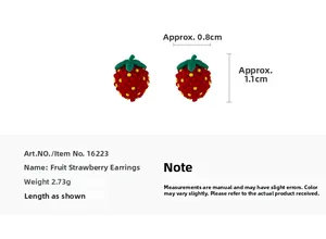 Detailed size chart for S925 silver strawberry stud earrings measuring 0.8cm by 1.1cm