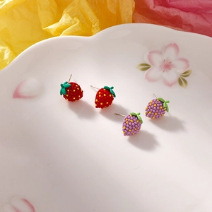 S925 silver needle strawberry stud earrings with red and purple fruit designs for women